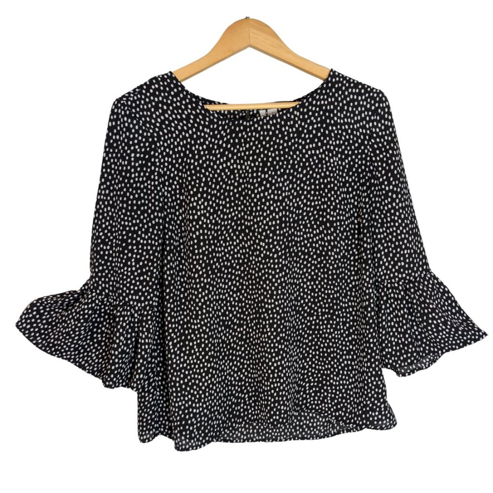 Elle Black & White Polka Dot Bell Sleeve Blouse Size L Boho Chic Coquette
